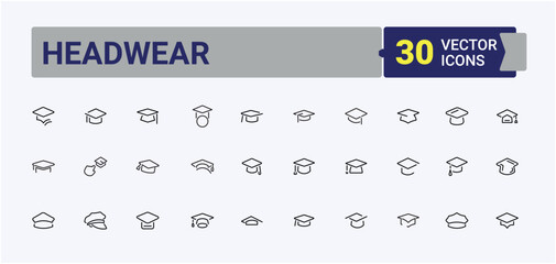 Naklejka premium Headwear icon. Contain linear sign man, head, graduation, wear, illustration, cap, hat and more. Hats And Cap icon set. Set of line pictogram. Editable vector. Pixel perfect.
