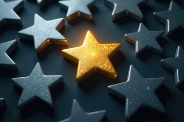 Obraz premium One shiny gold star among many dull grey stars, separate, noticeable