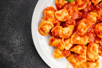 ravioli tomato sauce delicious gourmet food background on the table rustic food top view copy space