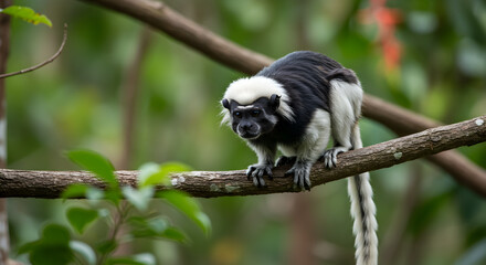 Obraz premium Captivating portrait of Pied Tamarin monkey perched on a branch in nature