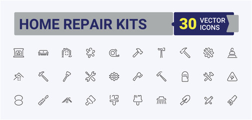 Home Repair Kits linear icon. It contains symbols to house, decor, paint, home, interior, tools, housework and more. Home Repair Tools icon pack. Icons for UI designs. Pixel perfect. Editable vector.