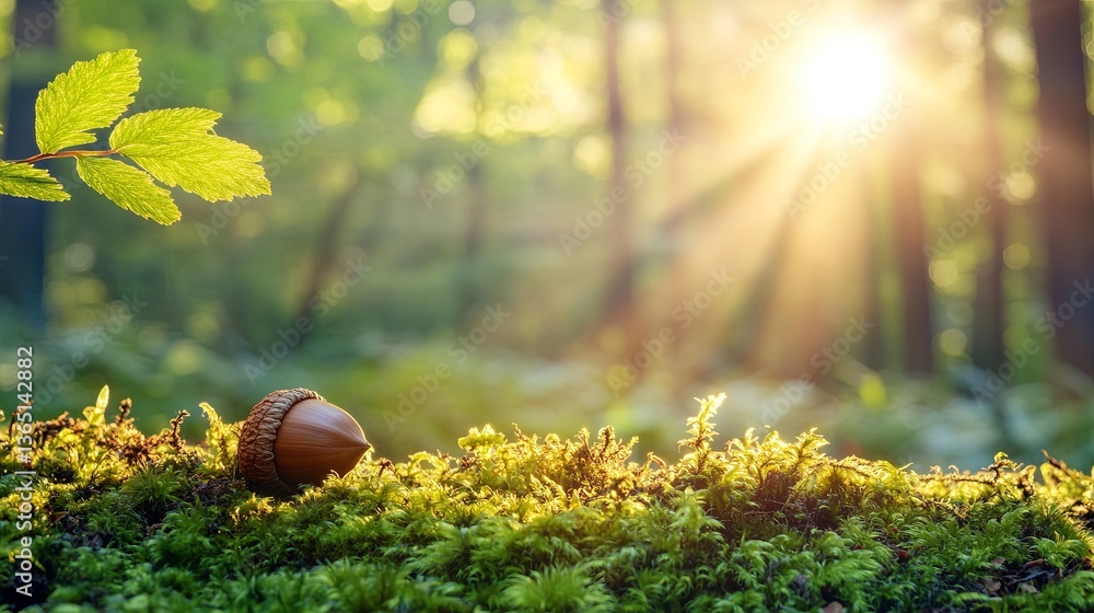 Poster sunlight filters through trees illuminating an acorn on lush moss in a tranquil forest