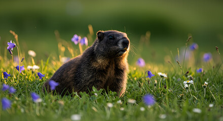 Fototapeta premium Charming Olympic Marmot Portrait Amidst Wildflowers in a Green Meadow