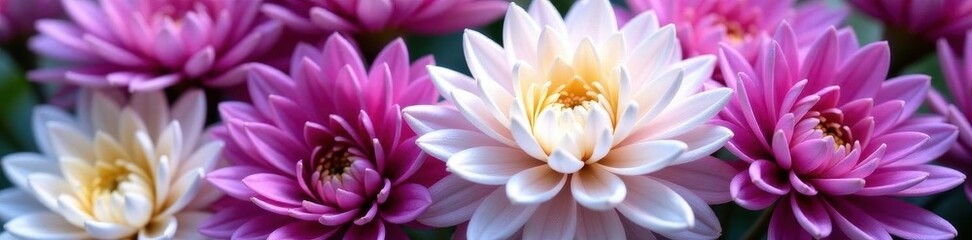 Close-up view of mixed purple and white chrysanthemum blossoms , pastel, color