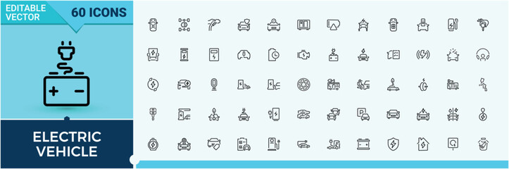 Electric Vehicle icon collection. Includes thin line symbols transport, hybrid, auto, renewable, transportation, automobile and more. Electric Car icon set. Editable stroke. Vector collection.
