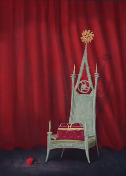 an old royal chair with a red velvet chest on a background of red curtains and a scarlet rose on the floor