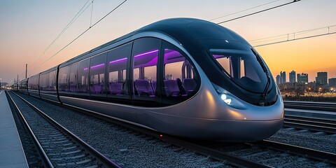 Fototapeta premium Modern train at sunset showcasing sleek design and vibrant interior lighting in a cityscape