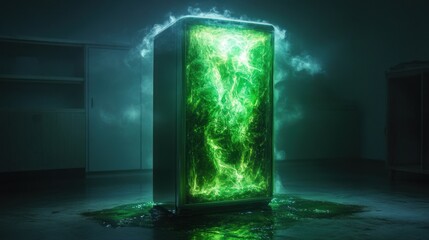 Glowing green energy contained within a metallic box, leaking fluid onto the floor, surrounded by vapor