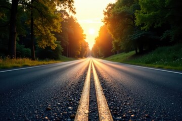 Fototapeta premium Dark asphalt road, sharp white lane markings, sun glare , countryside, road trip, shadow