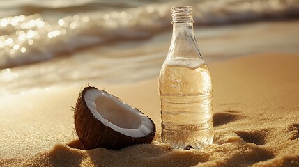 A coconut water soda in a glass bottle nestled in golden sand