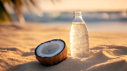 A coconut water soda in a glass bottle nestled in golden sand