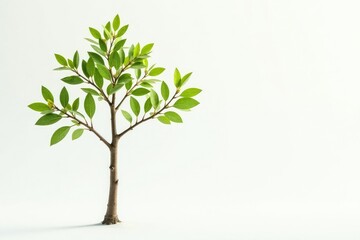 Obraz premium Single young tree, delicate leaves, white backdrop, isolated, horizontal, photography