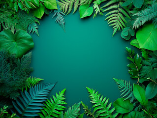 Tropical Green Leaves Frame on Dark Green Background