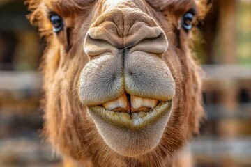 Obraz premium Closeup of a yellow-furred camel pouts in a display of its lower lip, in a zoo in Sydney, Australia. Beautiful simple AI generated image