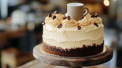 A coffee cake with espresso infused frosting and miniature cup topper