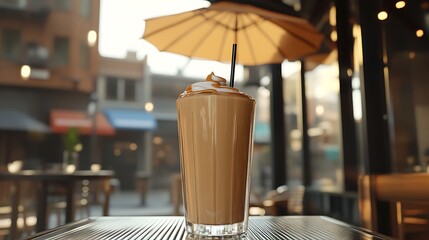 A coffee caramel milkshake under a sleek glass umbrella in an urban coffee shop