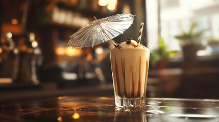 A coffee caramel milkshake under a sleek glass umbrella in an urban coffee shop