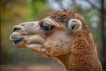Obraz premium Closeup of a yellow-furred camel pouts in a display of its lower lip, in a zoo in Sydney, Australia. Beautiful simple AI generated image