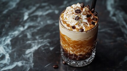 A coffee caramel milkshake with frothy topping and espresso beans