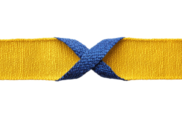 Blue and yellow crossed ribbons on black background, cut out