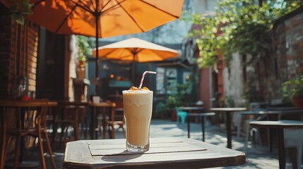 A coffee milkshake under a rustic umbrella in an industrial cafe courtyard