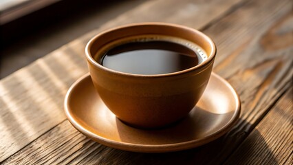 Fototapeta premium Coffee Culture Farm to Cup concept, A warm cup of coffee sits on a wooden table, exuding a cozy and inviting atmosphere.
