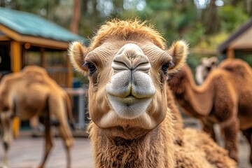 Fototapeta premium Close-up of a camel in the desert with a golden sunset.. Beautiful simple AI generated image