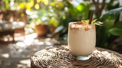 A coffee milkshake with cinnamon dust under a woven rattan umbrella on rustic patio
