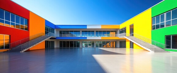 Colorful school building with modern design, featuring a courtyard and staircases
