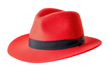 Vibrant red fedora with black band on black background, cut out
