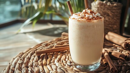 A coffee milkshake with cinnamon dust under a woven rattan umbrella on rustic patio