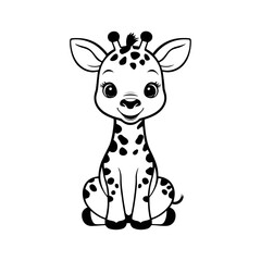 A sleek black and white vector illustration of a baby giraffe walking with a gentle posture on a white background