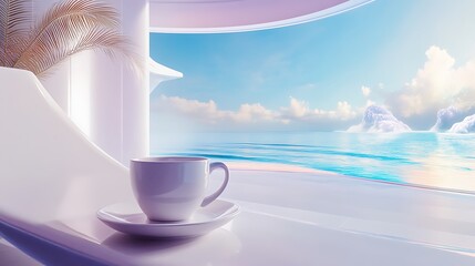 A coffee mug on a futuristic white lounger with holographic beachscape surrounding it
