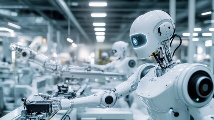 Fototapeta premium A futuristic robotics lab where robotic arms are assembling robots for autonomous firefighting, AI-powered systems ensuring rapid response and fire control, High-tech style