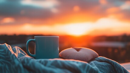 A coffee mug on a lounger with hert shaped pillow sunset skies glowing warmly in the background