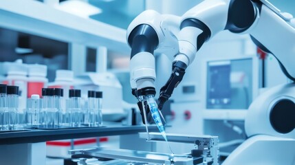 A futuristic robotics lab where robotic arms are assembling robots for autonomous mining operations, AI systems ensuring optimal excavation and material handling in remote sites, High-tech style