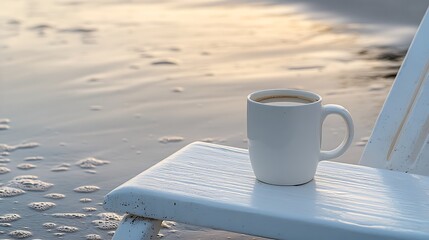 A coffee mug on a white lounger at low tide gentle ripples reflecting the sky
