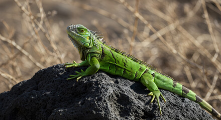 Fototapeta premium Vivid Green Iguana Basking Under the Sun on a Volcanic Rock Formation