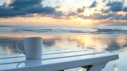 A coffee mug on a white lounger at low tide gentle ripples reflecting the sky