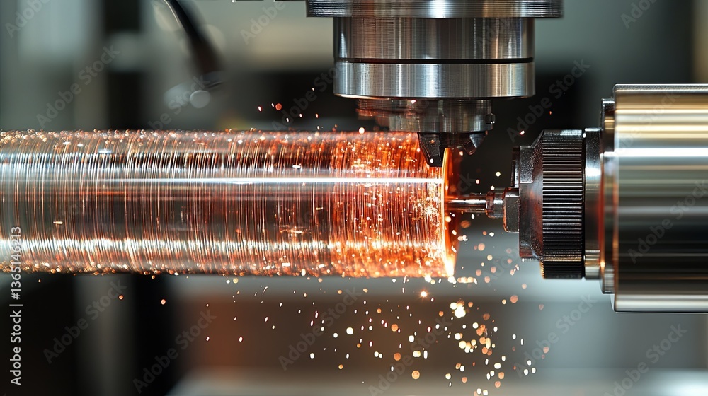 Poster metal machining process with sparks flying from a rotating cylinder in a workshop environment
