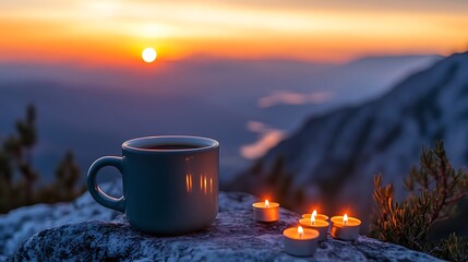 A coffee mug sitting on mountain peak during sunrise overlooking the valley with candles light decoration