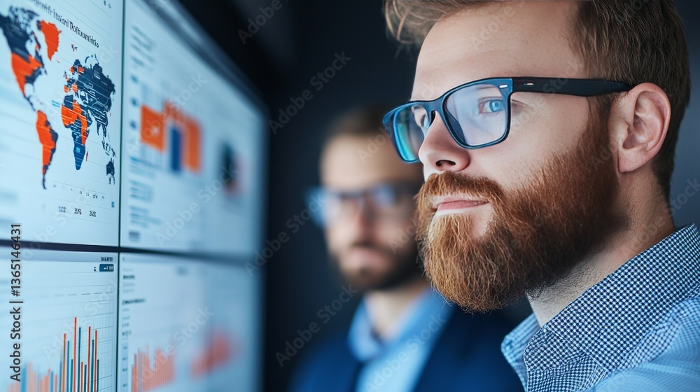 Poster businessmen analyzing data on large displays in modern office urban setting digital reports informat