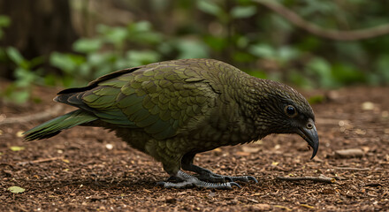 Obraz premium Critically Endangered Kakapo Parrot Foraging on the Forest Floor in New Zealand
