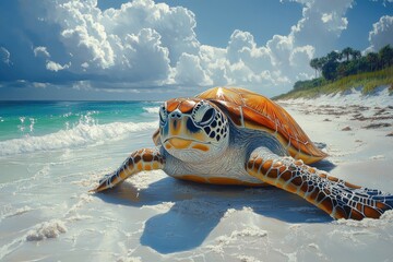 Obraz premium Beautiful Sea Turtle Nests on Sandy Beach During Daylight With Clear Blue Sky and Gentle Waves Lapping at Shore