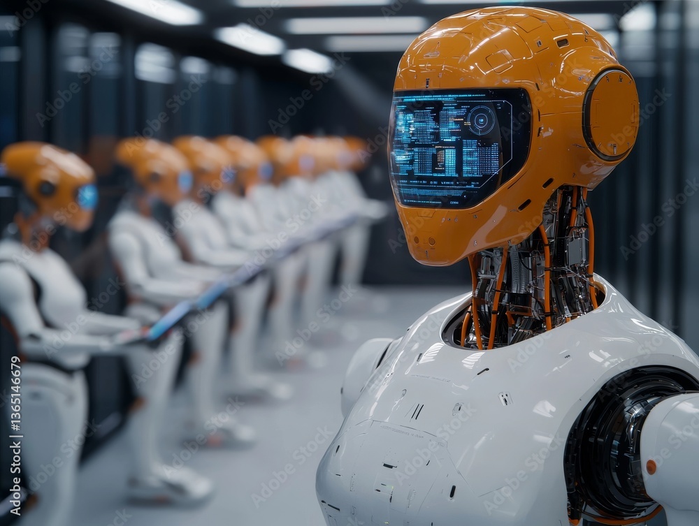Poster futuristic robots working in a high-tech lab innovation hub digital art modern environment close-up 