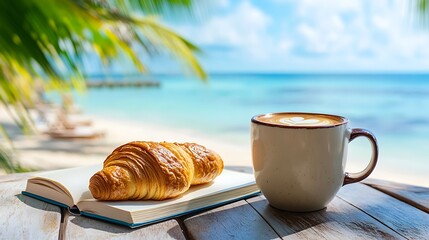 A coffee mug with a croissant and book resting on lounger tropical beach in the background