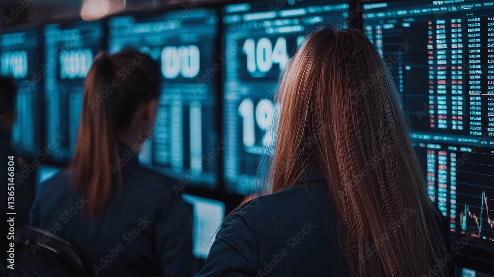 Poster women analyzing financial data on multiple monitors in modern office space technology focus dynamic 