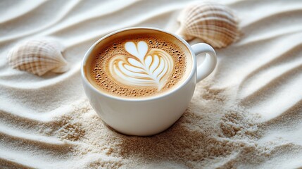 A coffee mug with latte art shaped like a seashell resting on white lounger artistic sand drawings around