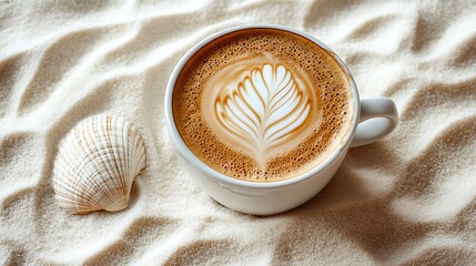 A coffee mug with latte art shaped like a seashell resting on white lounger artistic sand drawings around