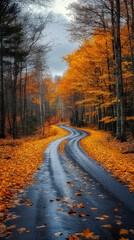 Obraz premium Scenic Autumn Forest Road with Vibrant Foliage and Serene Atmosphere